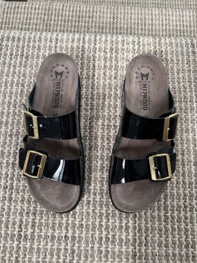 Mephisto Women's Hester Black patent leather/ Two Buckle Straps Flat Sandals